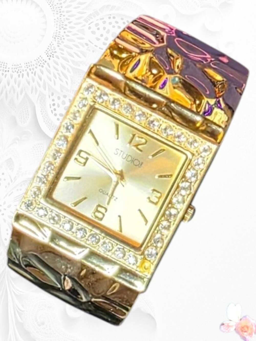 Studio Women’s Rectangular Bracelet Cuff Watch Gold Tone Rhinestone Frame 566